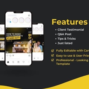 May include: Three mockups of Instagram posts for real estate agents. The posts feature images of houses and text that says "How to make your property stand out?" and "Are you considering investing in real estate?"