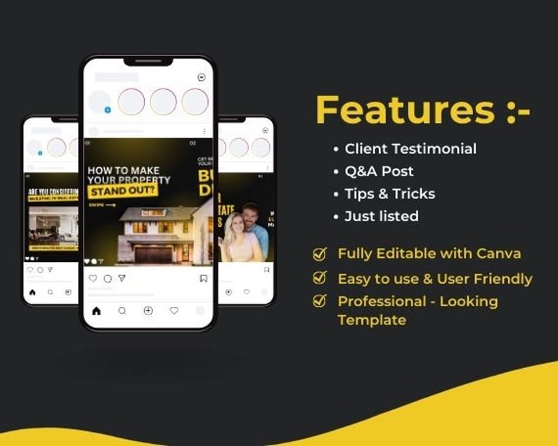 May include: Three mockups of Instagram posts for real estate agents. The posts feature images of houses and text that says "How to make your property stand out?" and "Are you considering investing in real estate?"