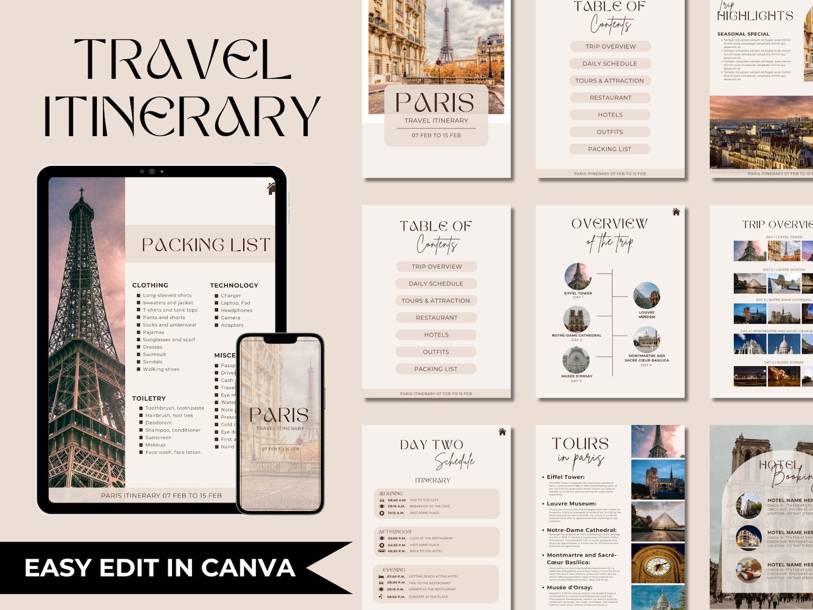 Editable Travel Itinerary Template, Printable Travel Planner (canva) - Etsy