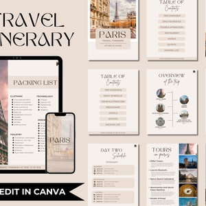 Modelo editável de itinerário de viagem, planejador de viagem, guia de viagem para impressão, planejador de agente de viagem, guia de viagem digital, modelo Canva