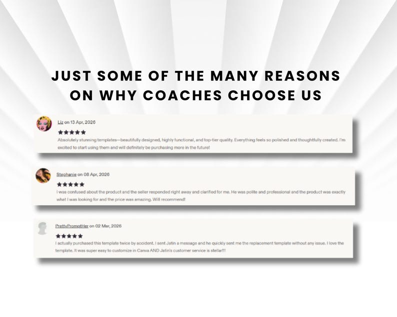 以下が含まれることがあります： 太字の黒いテキスト「JUST SOME OF THE MANY REASONS ON WHY COACHES CHOOSE US」と、その下に3つの顧客レビューが表示されたグラフィック。各レビューには、ユーザー名、日付、5つ星評価、およびテキストによる感想が含まれています。
