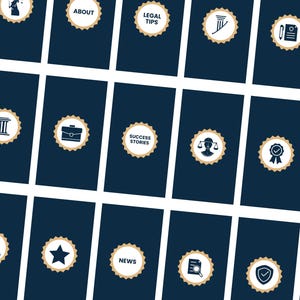 May include: A grid of 18 social media post templates with icons and text. The icons are in a gold circle with a white background. The text is in white and black. The icons include a gavel, a briefcase, a scale of justice, a magnifying glass, a star, a document, a shield, and a pillar. The text includes "About", "Legal Tips", "Success Stories", "News", and "Legal Tips".