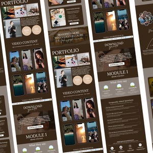 Op de afbeelding: Een digitale marketing portfolio-indeling met een bruin en beige kleurenschema. Het ontwerp bevat afbeeldingen van smartphones die inhoud, tekst en afbeeldingen weergeven. De lay-out is ontworpen om video-inhoud en merkstrategie&euml;n te presenteren.
