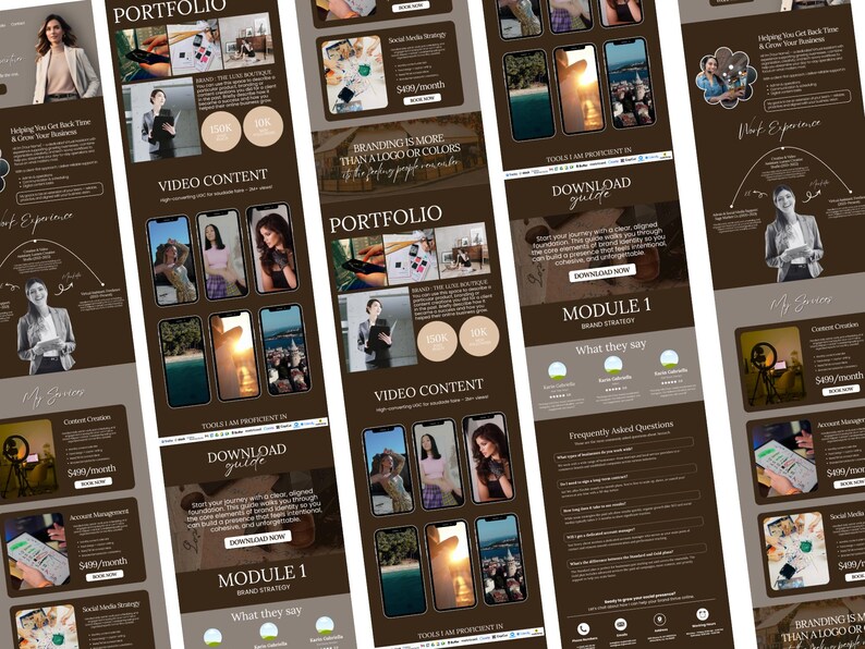 Op de afbeelding: Een digitale marketing portfolio-indeling met een bruin en beige kleurenschema. Het ontwerp bevat afbeeldingen van smartphones die inhoud, tekst en afbeeldingen weergeven. De lay-out is ontworpen om video-inhoud en merkstrategie&euml;n te presenteren.