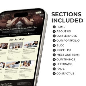 May include: A smartphone displays a real estate website with the text "Real Estate Solutions Designed Around You." The site lists services like buying, selling, and investment. Additional sections include Home, About Us, Our Services, and Contact Us.