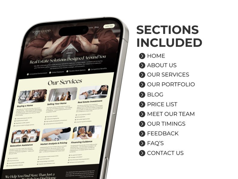 May include: A smartphone displays a real estate website with the text "Real Estate Solutions Designed Around You." The site lists services like buying, selling, and investment. Additional sections include Home, About Us, Our Services, and Contact Us.