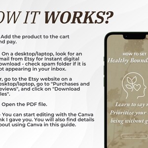 May include: A digital download guide on how to set healthy boundaries. The guide is displayed on a smartphone screen with a brown background and a white outline. The guide features a line drawing of a head with leaves and a heart, and the text "HOW TO SET Healthy Boundaries". The text "Learn to say no. Prioritize your well-being without guilt." is also included.