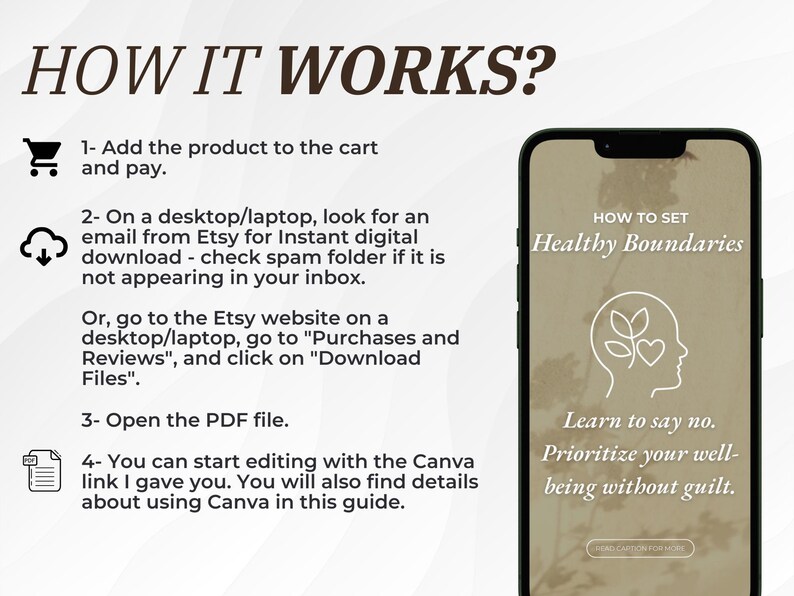 May include: A digital download guide on how to set healthy boundaries. The guide is displayed on a smartphone screen with a brown background and a white outline. The guide features a line drawing of a head with leaves and a heart, and the text "HOW TO SET Healthy Boundaries". The text "Learn to say no. Prioritize your well-being without guilt." is also included.