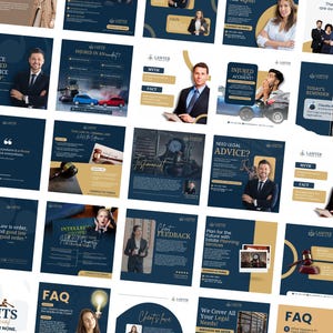 May include: A collage of social media posts for a law firm. The posts feature images of lawyers, legal documents, and gavel. The text on the posts includes phrases like "Justice Delayed is Justice Denied", "Need Legal Advice?", and "Plan for the Future with Estate Planning Services".