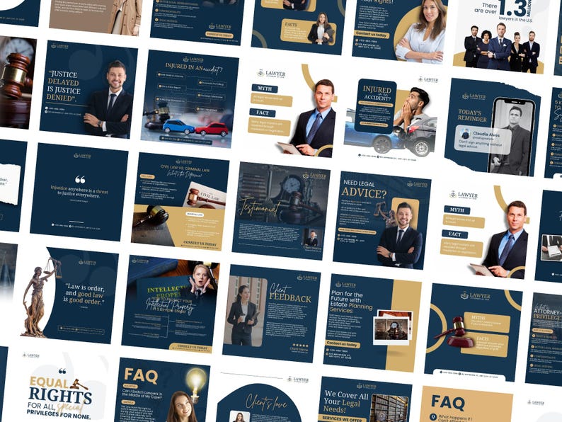 May include: A collage of social media posts for a law firm. The posts feature images of lawyers, legal documents, and gavel. The text on the posts includes phrases like "Justice Delayed is Justice Denied", "Need Legal Advice?", and "Plan for the Future with Estate Planning Services".
