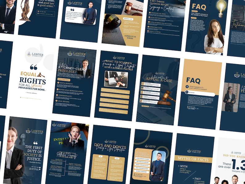 May include: A collage of images with a blue and gold color scheme featuring text about legal rights, attorney-client privilege, and other legal topics. The text includes phrases like "Equal Rights", "Attorney-Client Privilege", "What to Do When Facing a Legal Dispute", "How to Appeal a Case", "Do's and Don'ts", "Myths or Facts", and "Did You Know?"