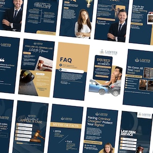 May include: A collage of images promoting legal services. The images feature lawyers, courtrooms, and legal documents. The text on the images includes phrases like "Injured in an accident?" and "Facing criminal charges? Protect your rights!"