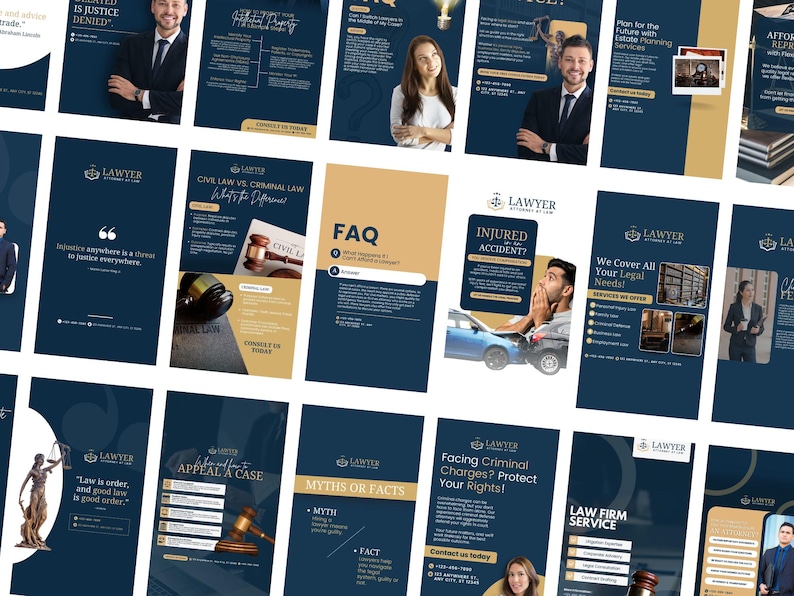 May include: A collage of images promoting legal services. The images feature lawyers, courtrooms, and legal documents. The text on the images includes phrases like "Injured in an accident?" and "Facing criminal charges? Protect your rights!"
