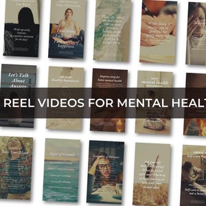 May include: A collage of 20 video reel ideas for mental health. The reels feature images of nature, people meditating, and inspirational quotes. The text "20 REEL VIDEOS FOR MENTAL HEALTH" is displayed in the center of the collage.