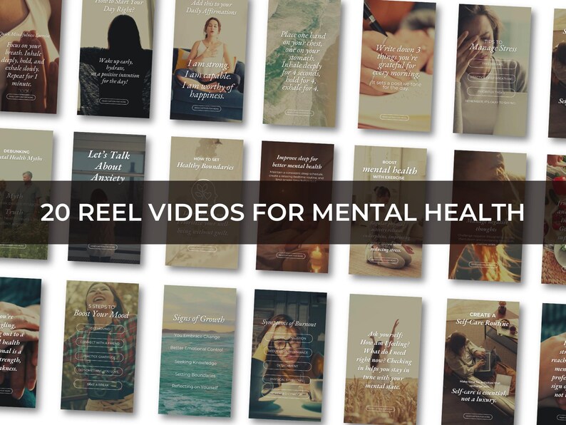 May include: A collage of 20 video reel ideas for mental health. The reels feature images of nature, people meditating, and inspirational quotes. The text "20 REEL VIDEOS FOR MENTAL HEALTH" is displayed in the center of the collage.