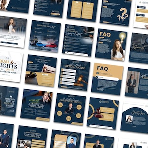 May include: A collection of square social media graphics for a law firm featuring a dark blue and gold colour scheme. The designs include professional portraits, legal gavels, question marks, and text overlays covering topics like contracts, FAQs, and legal rights.