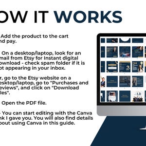 May include: A blue and white computer screen displaying a grid of images. The images are of various designs and colors, including blue, white, gold, and black. The text "FAQ" appears on several of the images. The text "HOW IT WORKS" appears in large, bold letters at the top of the screen. A list of instructions appears on the left side of the screen, explaining how to download and use the digital product.