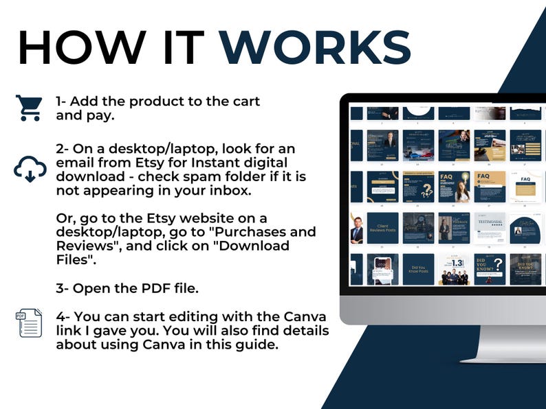 May include: A blue and white computer screen displaying a grid of images. The images are of various designs and colors, including blue, white, gold, and black. The text "FAQ" appears on several of the images. The text "HOW IT WORKS" appears in large, bold letters at the top of the screen. A list of instructions appears on the left side of the screen, explaining how to download and use the digital product.