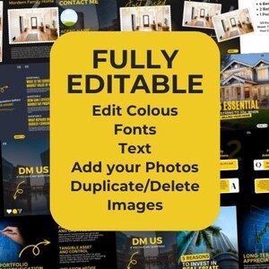 May include: A yellow and black graphic with the text "FULLY EDITABLE" in large, bold letters. The graphic also includes the text "Edit Colous Fonts Text Add your Photos Duplicate/Delete Images".