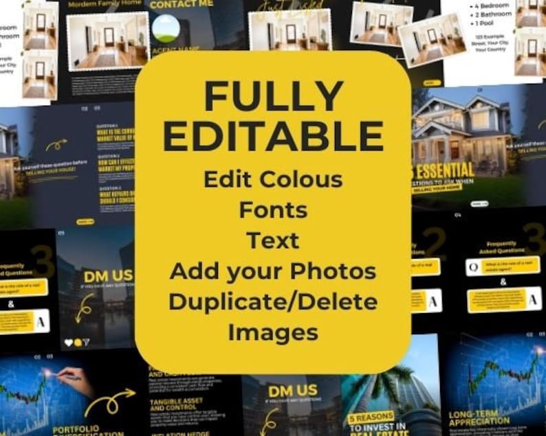 May include: A yellow and black graphic with the text "FULLY EDITABLE" in large, bold letters. The graphic also includes the text "Edit Colous Fonts Text Add your Photos Duplicate/Delete Images".