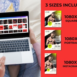 K&ouml;nnte beinhalten: Ein Laptop-Bildschirm zeigt ein Raster von Social-Media-Posts f&uuml;r ein Fitnessstudio oder ein Fitnesscenter. Die Posts zeigen einen muskul&ouml;sen Mann, den Text "Start Training Today" und einen Rabatt von 30 %. Das Bild zeigt auch drei verschiedene Gr&ouml;&szlig;en der Posts: 1080x1080 quadratischer Post, 1080x1350 Hochformat-Post und 1080x1920 Instagram-Story.