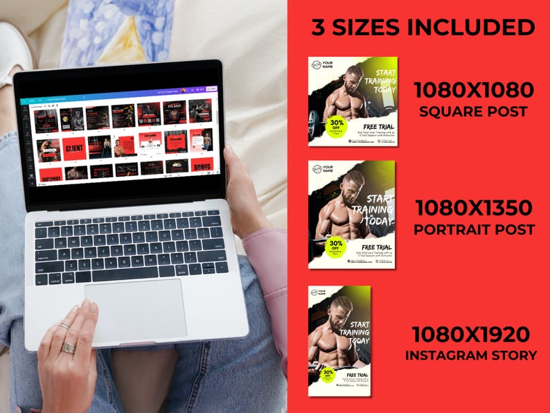 K&ouml;nnte beinhalten: Ein Laptop-Bildschirm zeigt ein Raster von Social-Media-Posts f&uuml;r ein Fitnessstudio oder ein Fitnesscenter. Die Posts zeigen einen muskul&ouml;sen Mann, den Text "Start Training Today" und einen Rabatt von 30 %. Das Bild zeigt auch drei verschiedene Gr&ouml;&szlig;en der Posts: 1080x1080 quadratischer Post, 1080x1350 Hochformat-Post und 1080x1920 Instagram-Story.