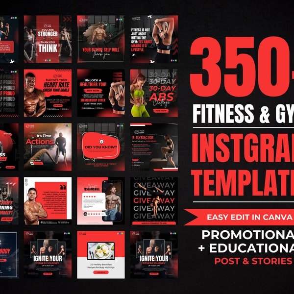 Gym Fitness Instagram Bundle, Social Media Gym Templates Pack, Gym Instagram Template, Post, Story, Reels, Personal Trainer, Fitness Coach