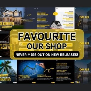 May include: A collage of images promoting real estate investment. The images feature houses, graphs, and text that highlights the benefits of investing in real estate, such as long-term appreciation, portfolio diversification, and passive income. The text "Favourite Our Shop" and "Never Miss Out On New Releases!" is displayed in a yellow banner.