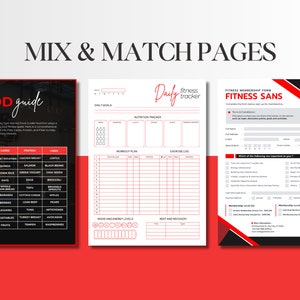 May include: A set of printable fitness tracker pages with a red and black colour scheme. The pages include a food guide, daily fitness tracker, workout plan, and a fitness membership form.