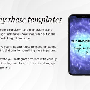 May include: A phone mockup with a purple and blue galaxy background. The text "THE UNIVERSE IS within you" is displayed on the screen. This image is part of a set of templates for social media.