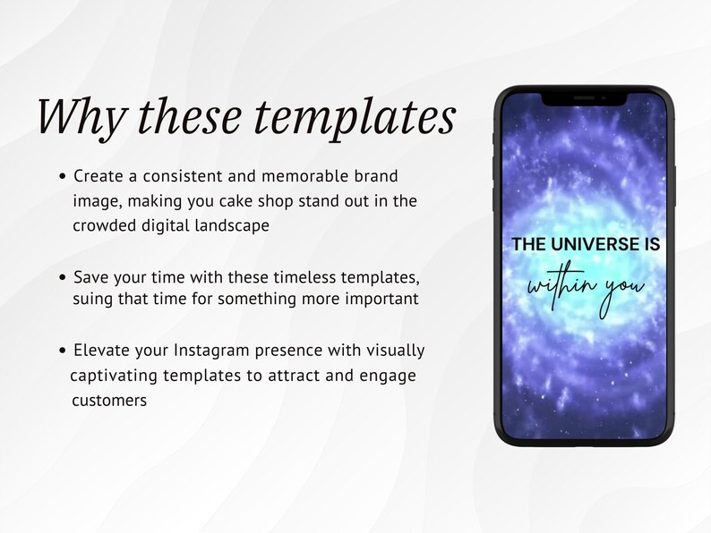 May include: A phone mockup with a purple and blue galaxy background. The text "THE UNIVERSE IS within you" is displayed on the screen. This image is part of a set of templates for social media.