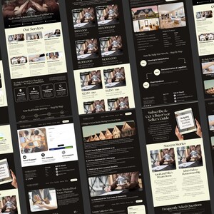 May include: A digital marketing layout with a dark background and light beige text boxes. The layout includes sections for services, success stories, and a buyer's guide. The text includes phrases like "Explore Downtown" and "Our Services."