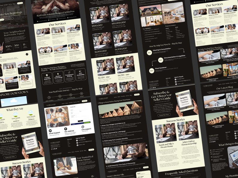 May include: A digital marketing layout with a dark background and light beige text boxes. The layout includes sections for services, success stories, and a buyer's guide. The text includes phrases like "Explore Downtown" and "Our Services."