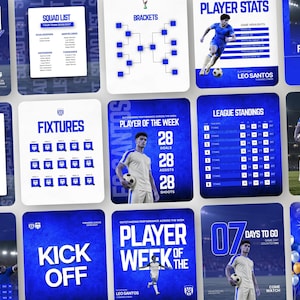 Puede incluir: Una colección de plantillas digitales deportivas en azul y blanco con futbolistas, clasificaciones de liga, calendarios de partidos, estadísticas de jugadores y cuadros de torneos. Incluye tipografía llamativa y elementos gráficos.