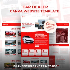 以下が含まれることがあります： 赤と白を基調としたカーディーラーウェブサイトテンプレート。サービス、中古車、新車のセクションが含まれています。「CAR DEALER CANVA WEBSITE TEMPLATE」のテキストが上部に表示されます。完全に編集可能で使いやすいです。