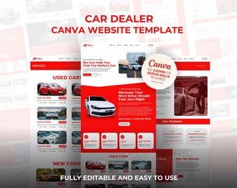 Puede incluir: Plantilla de sitio web de concesionario de automóviles con un diseño en rojo y blanco. Incluye secciones para servicios, coches usados y coches nuevos. El texto "CAR DEALER CANVA WEBSITE TEMPLATE" se muestra en la parte superior. Totalmente editable y fácil de usar.