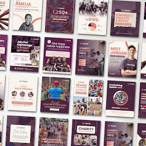 May include: A collection of twenty-four rectangular charity flyers arranged in a grid, featuring various photographs of people, community outreach events, donation drives, and infographics with text such as Charity, Join Our Volunteer Team, and Meet Jordan.