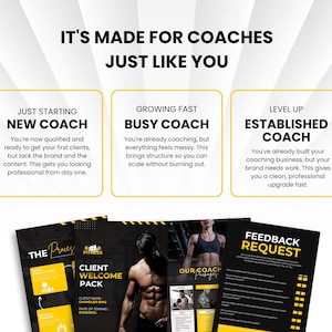 以下が含まれることがあります： フィットネスコーチ向けのデジタルマーケティング画像。IT'S MADE FOR COACHES JUST LIKE YOUというテキストが記載されています。3つのボックスでNEW、BUSY、ESTABLISHEDのコーチを分類し、下部にはClient Welcome PackやFeedback Requestなどのドキュメントテンプレートが表示されています。