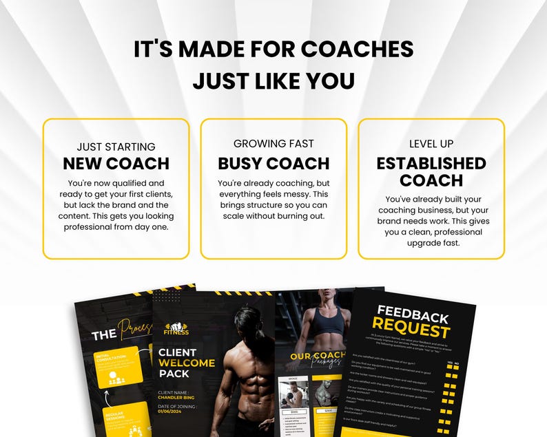 以下が含まれることがあります： フィットネスコーチ向けのデジタルマーケティング画像。IT'S MADE FOR COACHES JUST LIKE YOUというテキストが記載されています。3つのボックスでNEW、BUSY、ESTABLISHEDのコーチを分類し、下部にはClient Welcome PackやFeedback Requestなどのドキュメントテンプレートが表示されています。