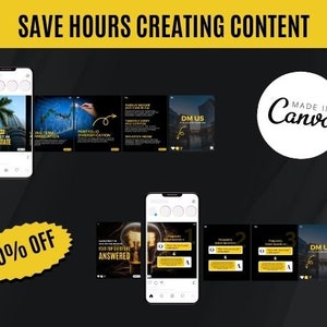 May include: A collage of nine images on a black background. The images are all related to real estate investing. The top image shows a palm tree with the text "8 REASONS TO INVEST IN REAL ESTATE". The other images show graphs, charts, and text about real estate investing. The text "SAVE HOURS CREATING CONTENT" is at the top of the image. The text "70% OFF" is in the lower left corner of the image. The text "MADE IN CANVA" is in the upper right corner of the image.