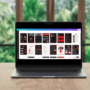 May include: A laptop computer displaying a digital document with a black and red design. The document is divided into multiple pages, each with a different section. The document appears to be a fitness or workout program.