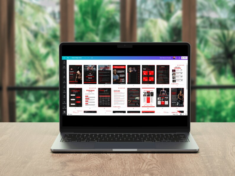 May include: A laptop computer displaying a digital document with a black and red design. The document is divided into multiple pages, each with a different section. The document appears to be a fitness or workout program.