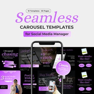 Op de afbeelding: Een promotionele afbeelding voor social media managers, met carrousel templates op een smartphone. Het ontwerp bevat de tekst "Seamless Carousel Templates for Social Media Manager" en social media marketing tips. Het kleurenschema is voornamelijk paars en zwart.
