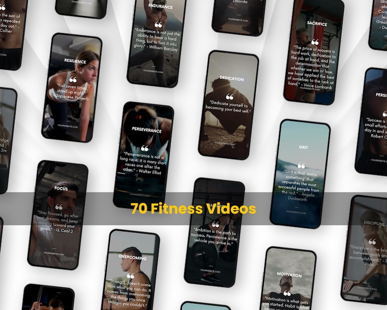 以下が含まれることがあります： モチベーションを高める引用文を含む70本のフィットネス動画を表示するスマートフォンの画面のコレクション。各画面にはトレーニング環境にいる異なるアスリートが表示され、ResilienceやEnduranceといった太字の白いテキストの見出しが重ねられています。