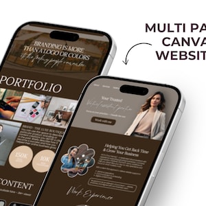 Op de afbeelding: Twee smartphones tonen een Canva-website met meerdere pagina's. De eerste telefoon toont een portfolio pagina met de tekst "Branding is meer dan een logo of kleuren." De tweede telefoon toont een pagina met de tekst "Uw vertrouwde virtuele assistent positie."