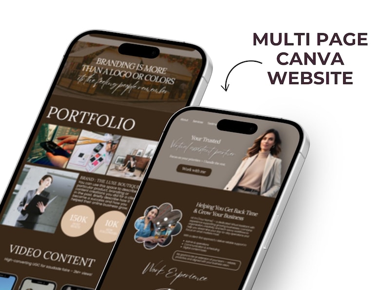 Op de afbeelding: Twee smartphones tonen een Canva-website met meerdere pagina's. De eerste telefoon toont een portfolio pagina met de tekst "Branding is meer dan een logo of kleuren." De tweede telefoon toont een pagina met de tekst "Uw vertrouwde virtuele assistent positie."