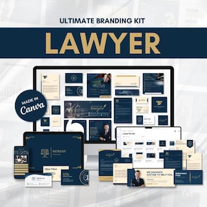 Peut inclure: Un kit de branding numérique pour avocats, avec un schéma de couleurs bleu foncé et or. Le kit comprend des cartes de visite, des en-têtes et des maquettes numériques. Le texte comprend "Ultimate Branding Kit" et "Lawyer". Le design a été "Made in Canva".