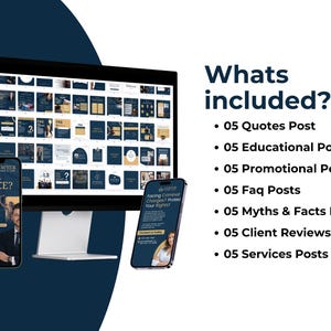 May include: A computer screen displaying a grid of social media post templates for lawyers. The templates are in a dark blue and gold color scheme and feature text such as "Need Legal Advice?" and "Facing Criminal Charges? Protect Your Rights!"