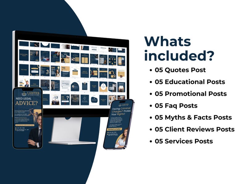 May include: A computer screen displaying a grid of social media post templates for lawyers. The templates are in a dark blue and gold color scheme and feature text such as "Need Legal Advice?" and "Facing Criminal Charges? Protect Your Rights!"