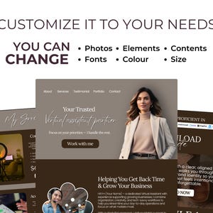 Op de afbeelding: Een digitaal marketingontwerp met de tekst "Pas het aan uw behoeften aan". Het ontwerp bevat een website-mockup met een vrouw in een blazer en de tekst "Uw vertrouwde partner".